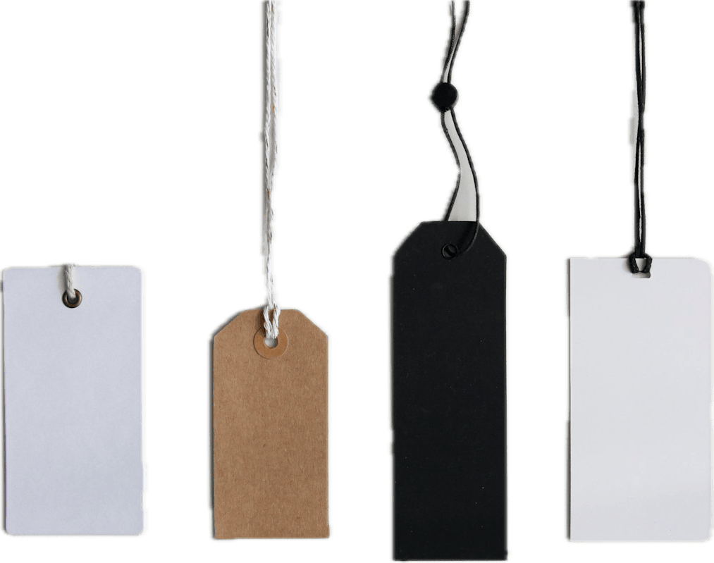 Blank paper price tags hanging on strings